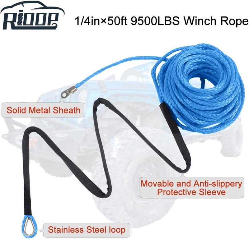 RIOOP Synthetic Winch Rope, 1/4 Inch x 50 Feet 9,500LBs Winch Cable Line with Protective Sleeve for ATV UTV (Blue) - Image 2